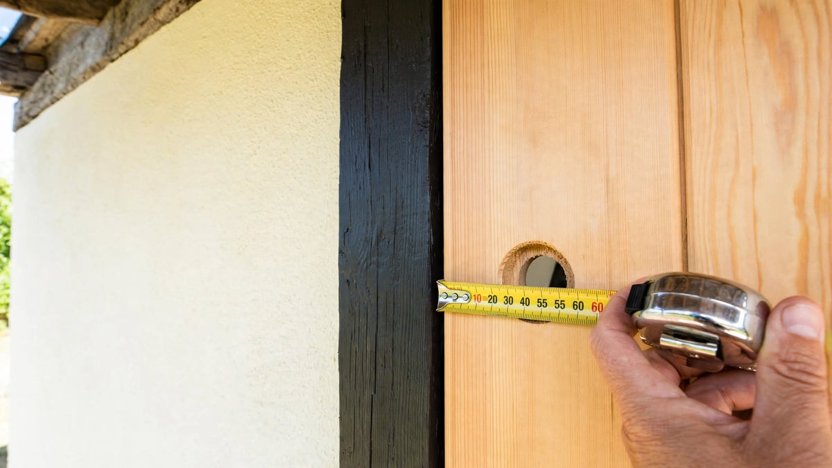 Hand holding a tape measure against the edge of a timber front door to measure the backset