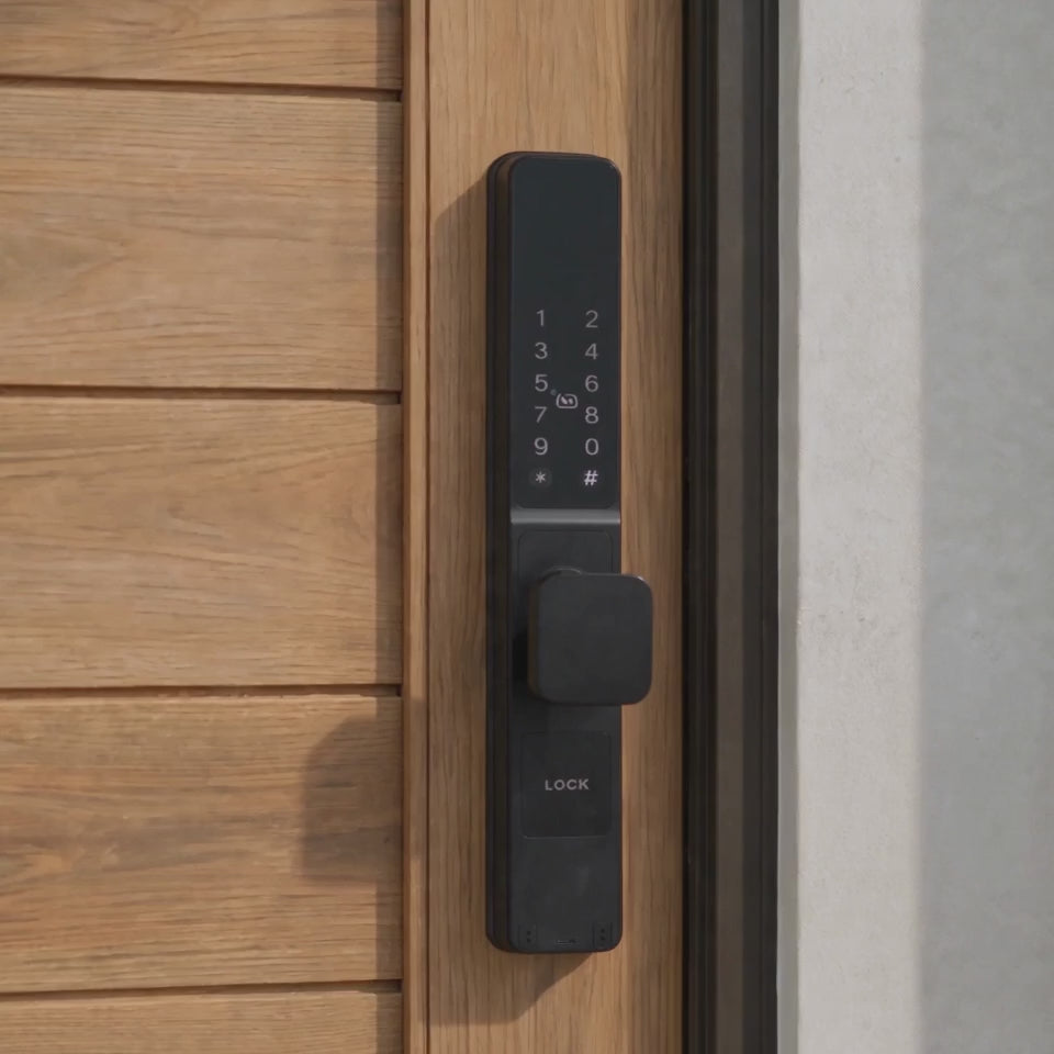 Black short-handle push pull smart lock for sliding doors: fingerprint, TTLock app, code, card and key unlock