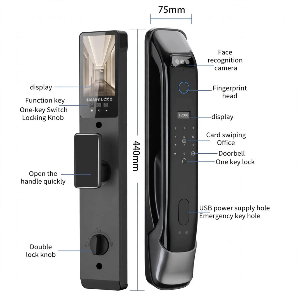 Labelled diagram of the 3D face recognition smart lock: camera, display, fingerprint, card area, 75 x 440 mm