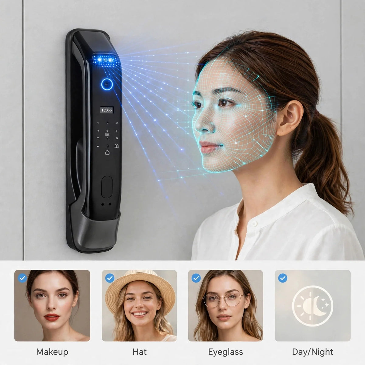 3D face recognition scanning a face at the door, working with makeup, a hat or glasses, by day or night