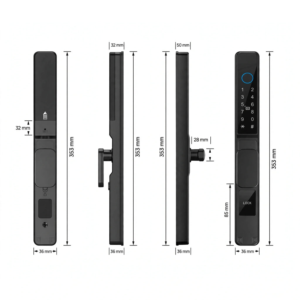 Dimension drawing of the black short-handle smart door lock: 353 mm tall, 36 mm wide, 85 mm centres, hook bolt