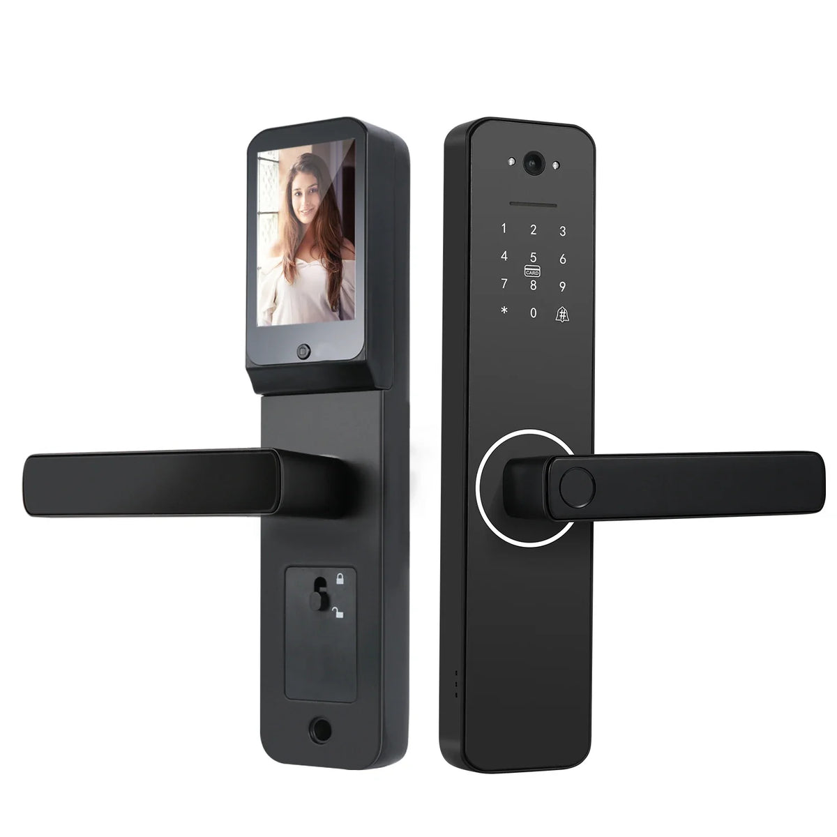 Smart door lock with built-in camera: outer panel with capture camera and keypad, inner panel with display screen