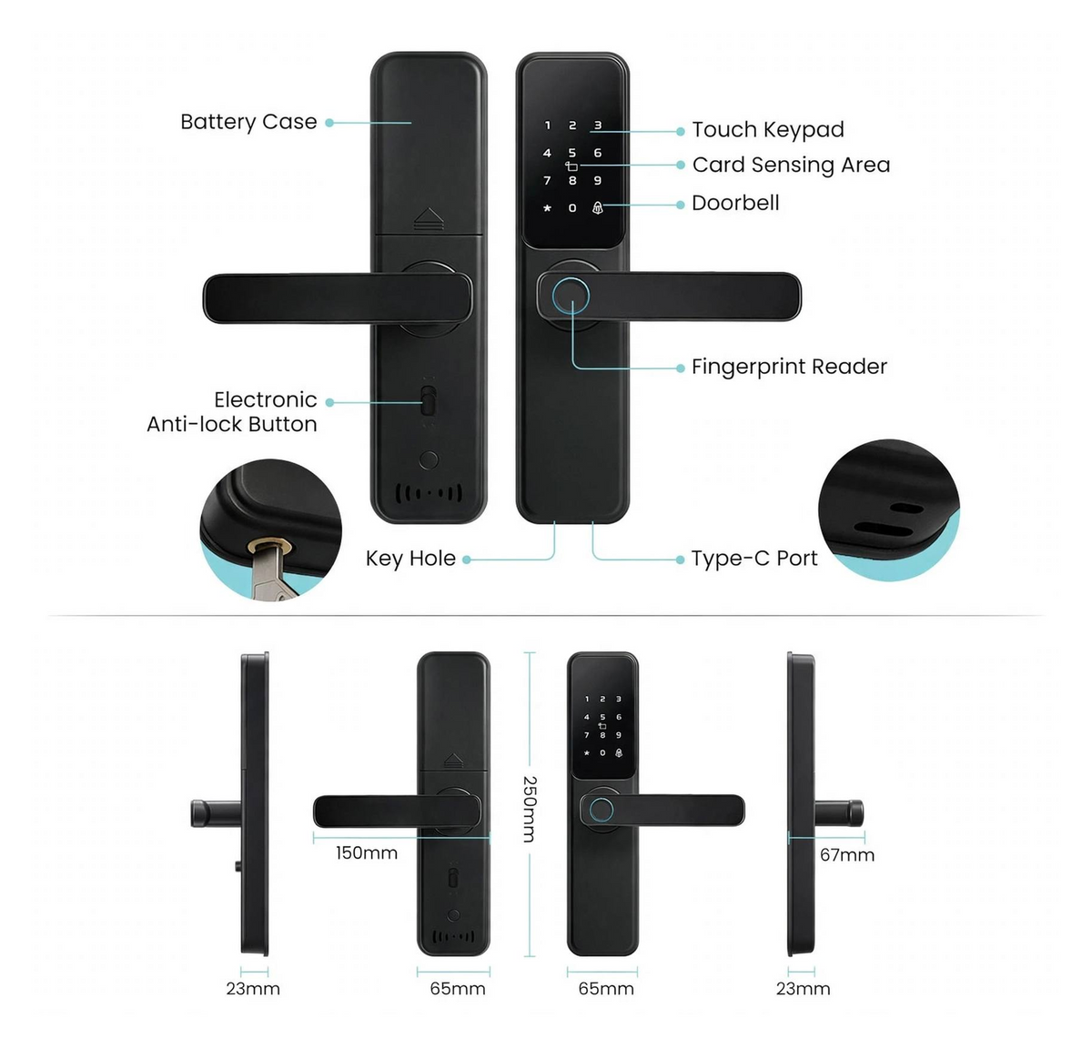 Labelled diagram of the lever-handle smart lock: keypad, fingerprint reader, card area, doorbell, 150 and 104 mm