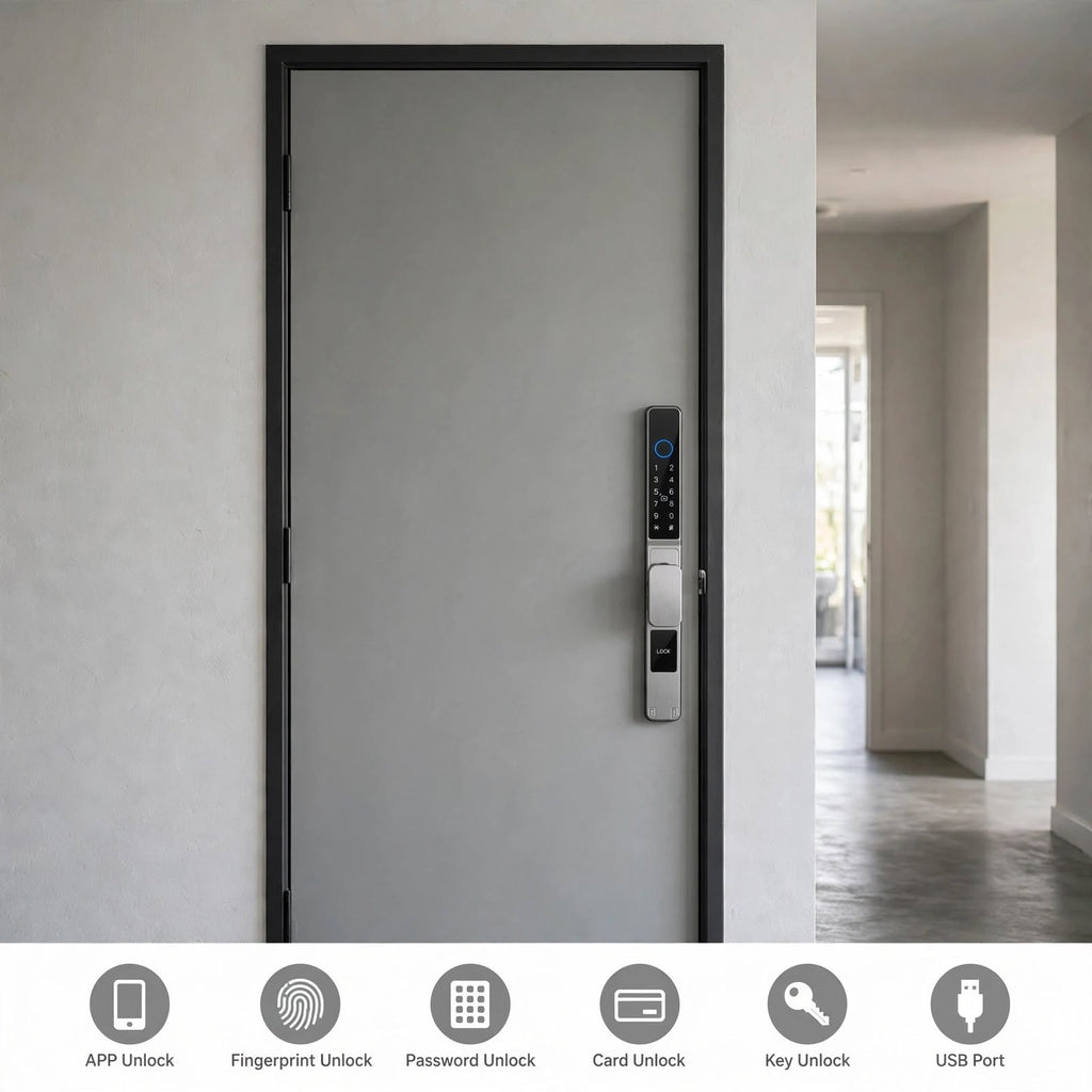 Silver short-handle smart door lock on a grey entry door, with icons for app, fingerprint, code, card, key and USB